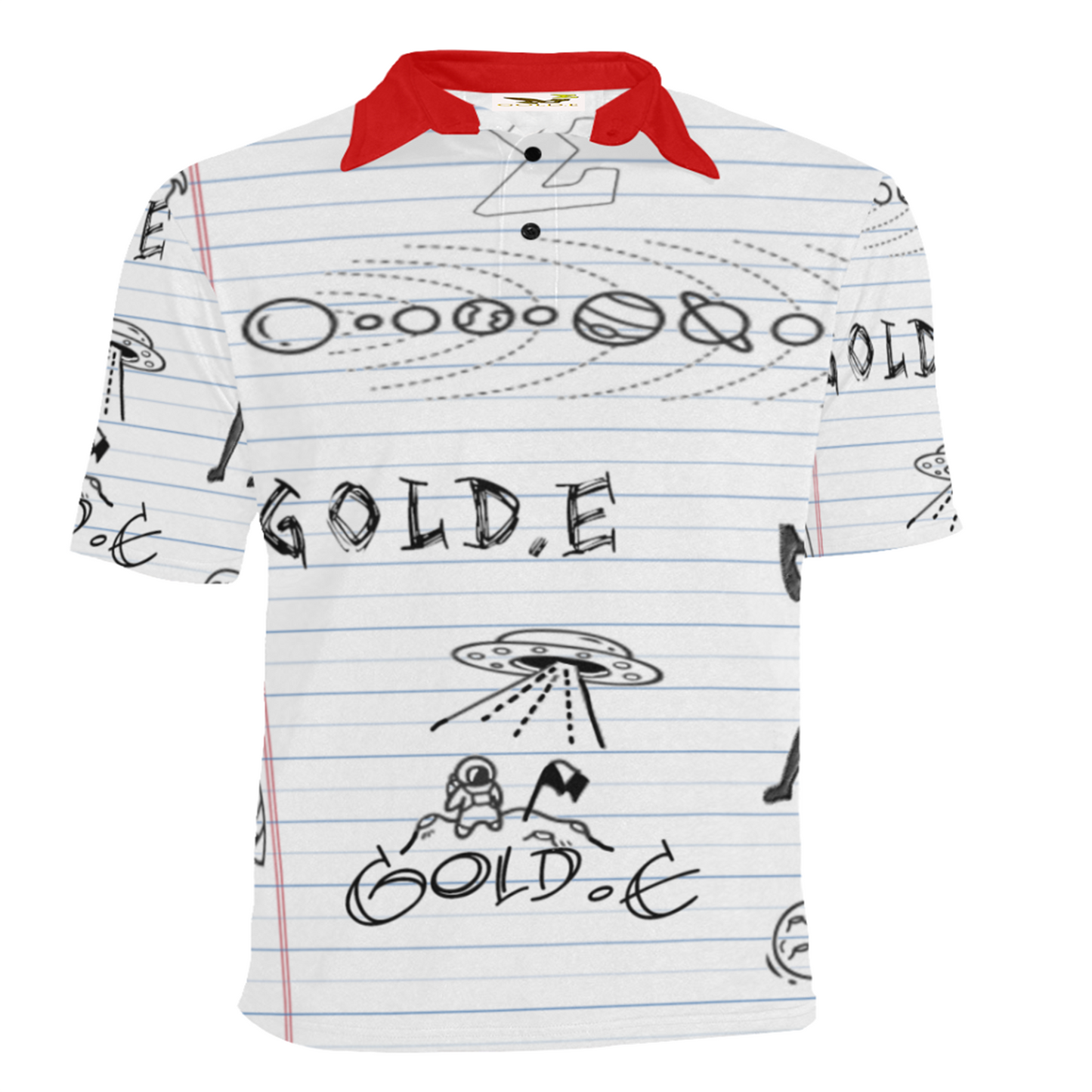 Gold.E White and Red doodle polo